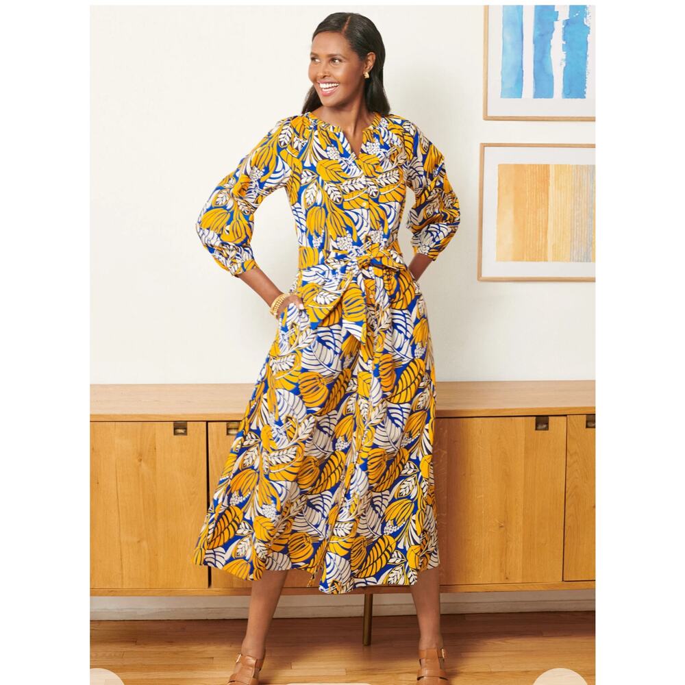 Talbots Poplin Belted Midi Shirtdress Colorblock Leaves Pockets Size 6 Petite - Picture 2 of 12